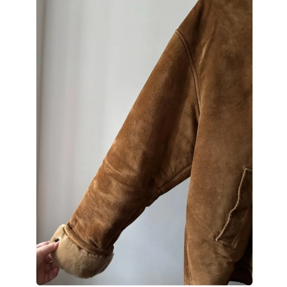 1990s Suede & Faux Fur Bomber Coat | Vintage Tan Aviator Jacket - Picture 5 of 8